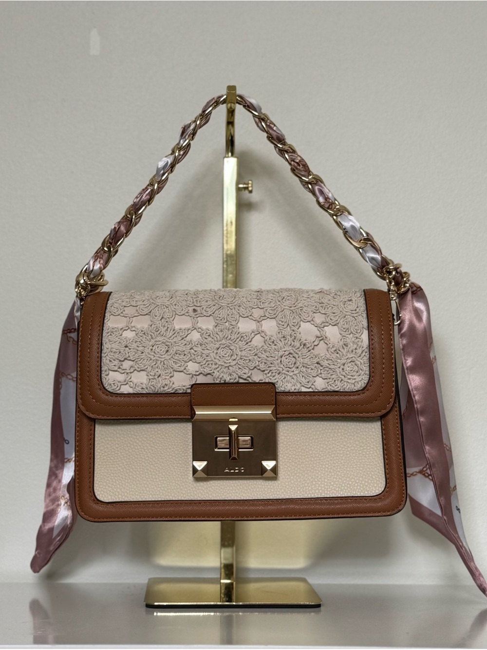Aldo Beige and Brown Bag with Pink Scarf Accents